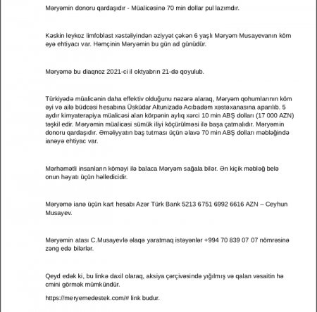 6 yaşlı Məryəm Musayevanın müalicəsinə dəstək olaq. 6 yaşlı Məryəm Musayevanın müalicəsinə dəstək olaq.